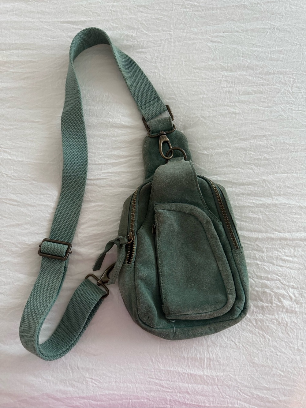 Free People Hudson Suede Sling Bag Teal Leather Crossbody Boho - Picture 8 of 12